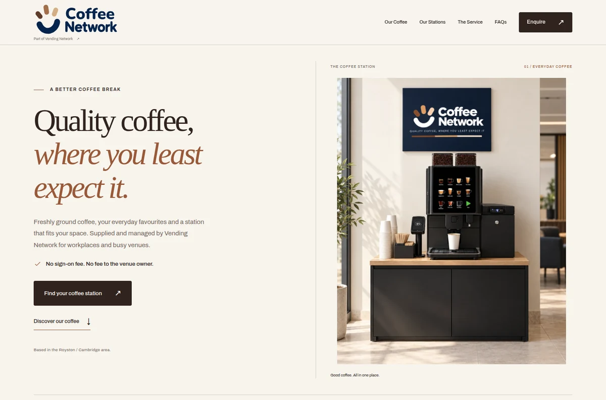 Coffee Network homepage with elegant serif typography and a bean-to-cup coffee station.