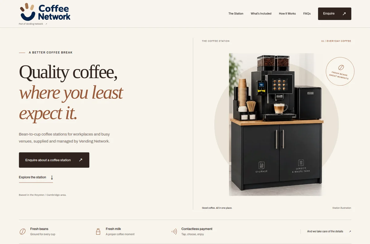 Coffee Network homepage with elegant serif typography and a bean-to-cup coffee station.
