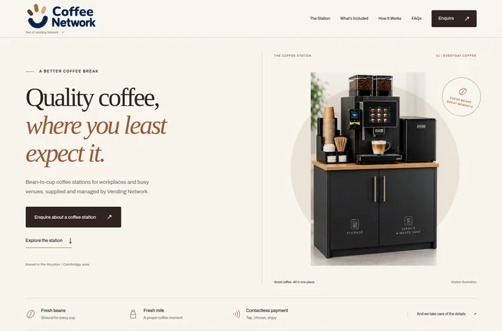 Coffee Network’s warm, understated website featuring a bean-to-cup coffee station.