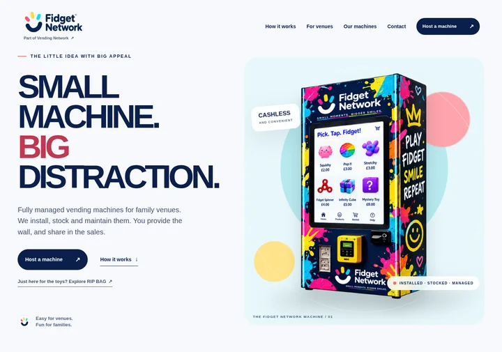 Fidget Network’s colourful website featuring its branded toy vending machine.