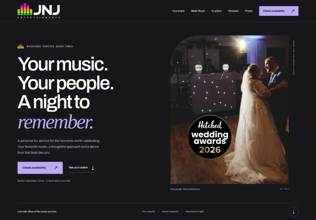 JNJ Entertainments’ dark homepage with its colourful equaliser logo, Your music headline and wedding first-dance photograph.