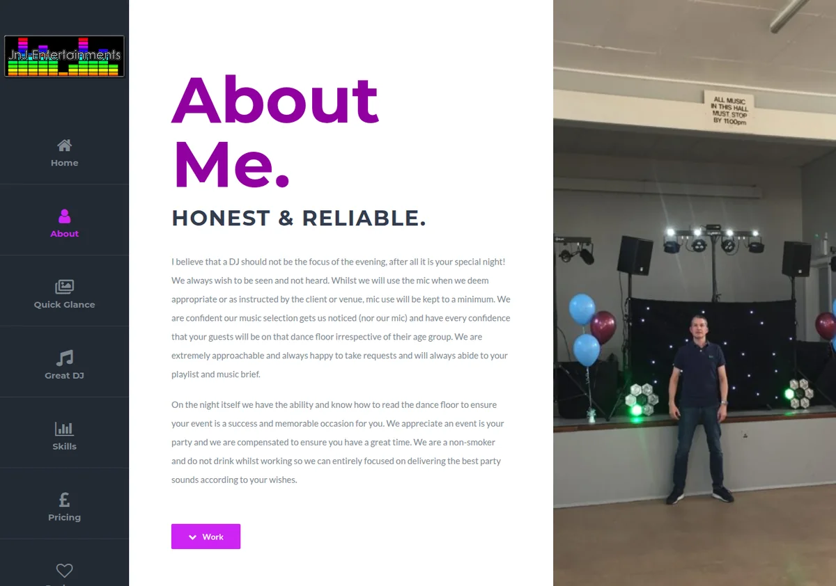 JnJ Entertainments website introducing the DJ alongside a photograph of his event setup.