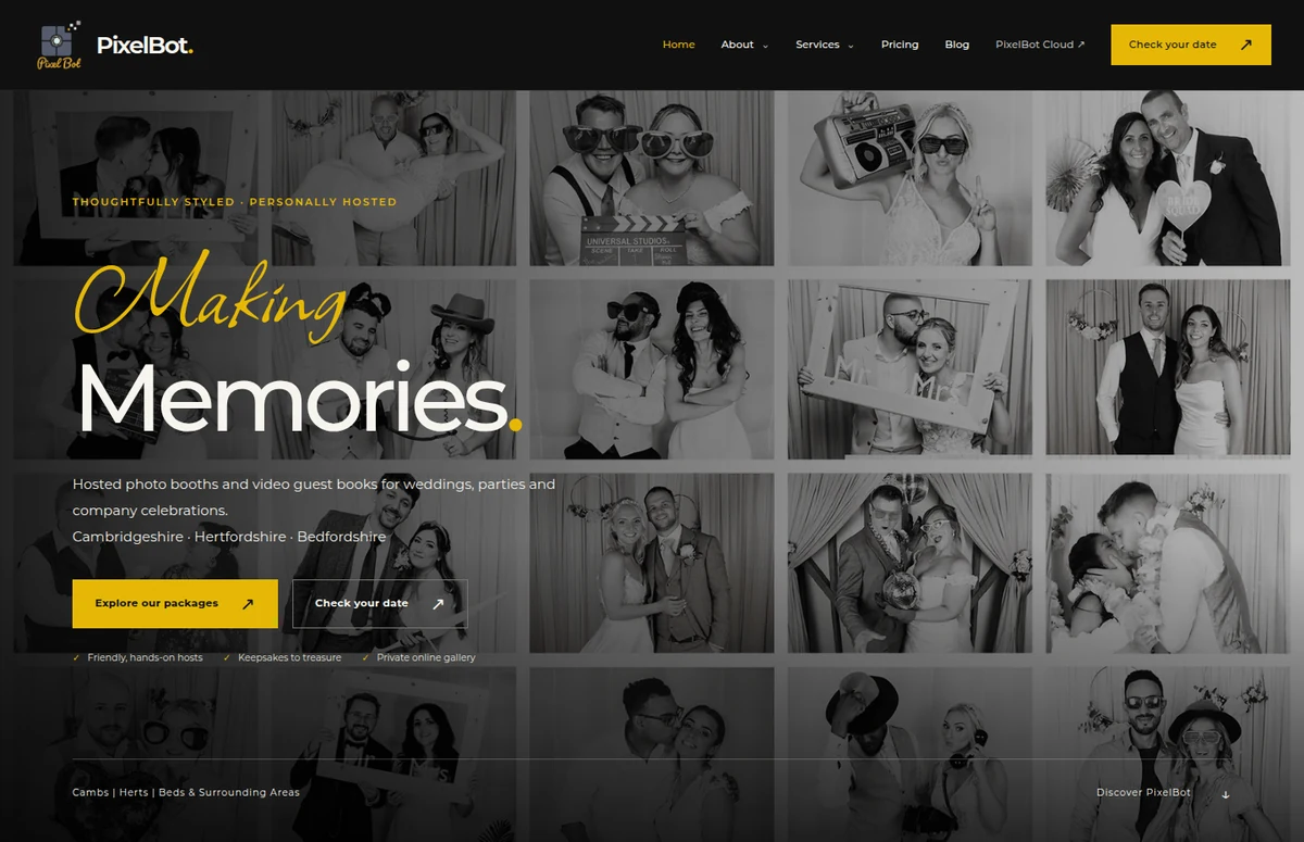 Pixelbot homepage showcasing a gallery of black-and-white wedding photo booth pictures.