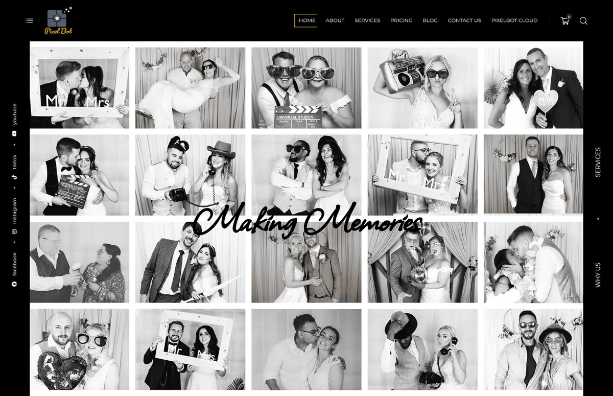Pixelbot homepage showcasing a gallery of black-and-white wedding photo booth pictures.