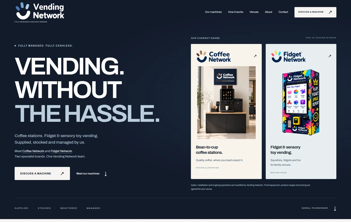 Vending Network homepage presenting its fully managed coffee stations and fidget vending range.