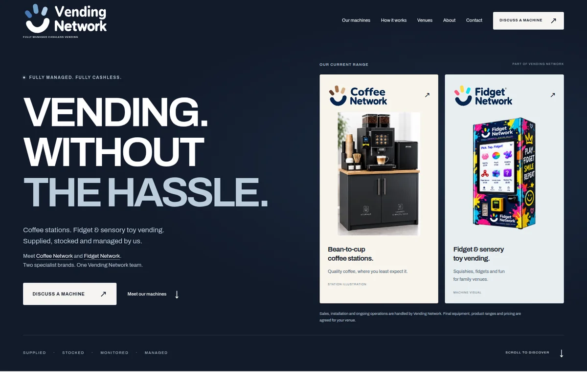 Vending Network homepage presenting its fully managed coffee stations and fidget vending range.