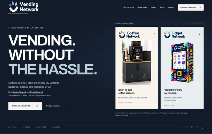 Vending Network’s website, with bold navy typography and its coffee and fidget machine range.